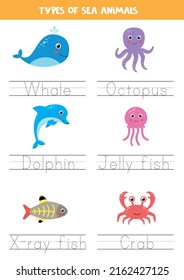 Trace words. Handwriting practice for preschool kids. Types of sea animals.
