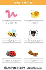 Trace words. Handwriting practice for preschool kids. Types of insects.