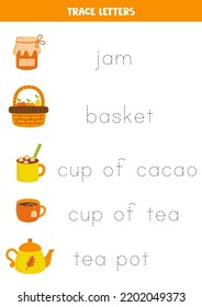 Trace words. Handwriting practice for preschool kids. Cute autumn elements.