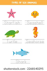 Trace words. Handwriting practice for preschool kids. Types of sea animals.