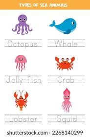 Trace words. Handwriting practice for preschool kids. Types of sea animals.