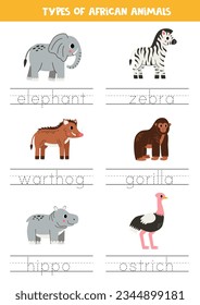 Trace words. Handwriting practice for preschool kids. Types of African animals.