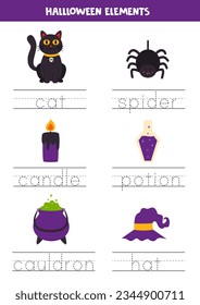 Trace words. Handwriting practice for preschool kids. Halloween elements.