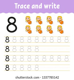 Trace and write. Handwriting practice. Learning numbers for kids. Education developing worksheet. Activity page. Game for toddlers and preschoolers. Isolated vector illustration in cute cartoon style