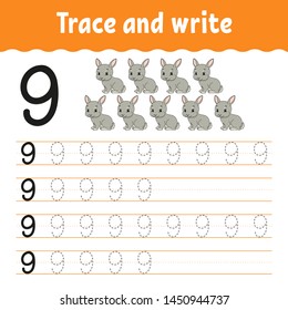 Trace and write. Handwriting practice. Learning numbers for kids. Education developing worksheet. Activity page. Game for toddlers and preschoolers. Isolated vector illustration in cute cartoon style.