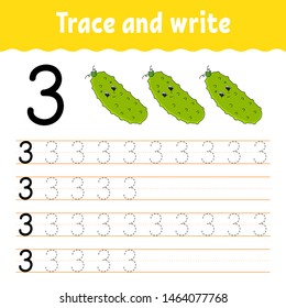 Trace and write. Handwriting practice. Learning numbers for kids. Education developing worksheet. Activity page. Game for toddlers and preschoolers. Isolated vector illustration in cute cartoon style.