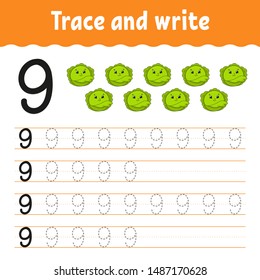 Trace and write. Handwriting practice. Learning numbers for kids. Education developing worksheet. Activity page. Game for toddlers and preschoolers. Isolated vector illustration in cute cartoon style.