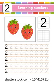 Trace and write. Handwriting practice. Learning numbers for kids. Education developing worksheet. Activity page. Game for toddlers and preschoolers. Isolated vector illustration in cute cartoon style.