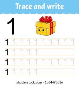 Trace and write. Handwriting practice. Learning numbers for kids. Education developing worksheet. Activity page. Game for toddlers and preschoolers. Isolated vector illustration in cute cartoon style.