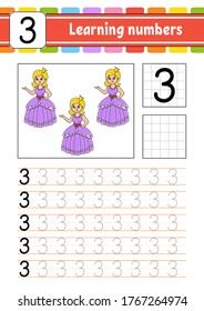 Trace and write. Handwriting practice. Learning numbers for kids. Education developing worksheet. Activity page. Isolated vector illustration in cute cartoon style.