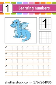 Trace and write. Handwriting practice. Learning numbers for kids. Education developing worksheet. Activity page. Isolated vector illustration in cute cartoon style.