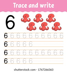 Trace and write. Handwriting practice. Learning numbers for kids. Education developing worksheet. Color activity page. Isolated vector illustration in cute cartoon style.