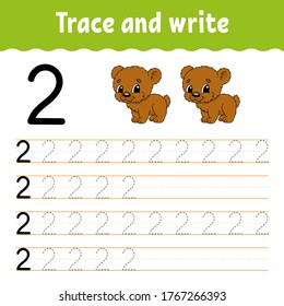Trace and write. Handwriting practice. Learning numbers for kids. Education developing worksheet. Color activity page. Isolated vector illustration in cute cartoon style.