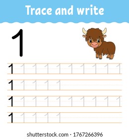 Trace and write. Handwriting practice. Learning numbers for kids. Education developing worksheet. Color activity page. Isolated vector illustration in cute cartoon style.