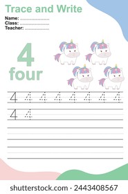 Trace and write number for children. Exercise for children to recognize the number. Educational worksheet for preschool. Vector file.