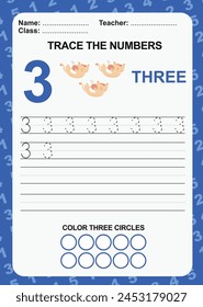 Trace and write number for children. Exercise for children to recognize the number. Kids educational game. Printable worksheet for preschool. Exercises lettering game for kids. Vector file.