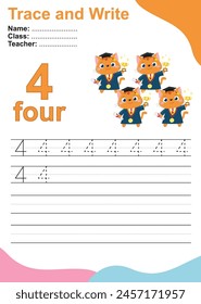 Trace and write number for children. Exercise for children to recognize the number. Educational worksheet for preschool. Vector file.