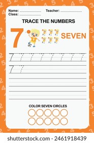 Trace and write number for children. Exercise for children to recognize the number. Kids educational game. Printable worksheet for preschool. Exercises lettering game for kids. Vector file.