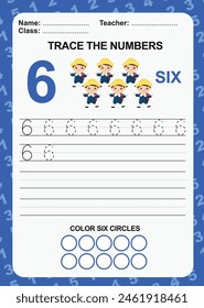 Trace and write number for children. Exercise for children to recognize the number. Kids educational game. Printable worksheet for preschool. Exercises lettering game for kids. Vector file.
