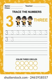 Rastrear y escribir número para niños. Ejercicio para que los niños reconozcan el número. Hoja de trabajo educativa para preescolar. archivo de Vector.