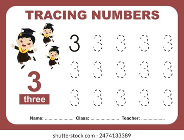 Trace and write number for children. Exercise for children to recognize the number. Educational worksheet for preschool. Vector file.