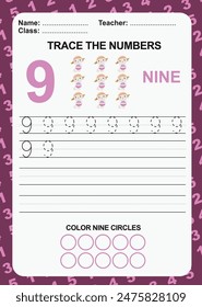 Trace and write number for children. Exercise for children to recognize the number. Educational worksheet for preschool. Vector file.