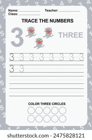 Trace and write number for children. Exercise for children to recognize the number. Educational worksheet for preschool. Vector file.