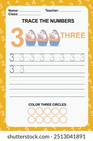 Trace and write number for children. Exercise for children to recognize the number. Educational worksheet for preschool. Vector file.