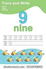 Número de rastreamento e gravação para filhos. Exercício para crianças reconhecerem o número. Planilha educacional para a pré-escola. 