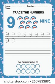 Trace and write number for children. Exercise for children to recognize the number. Educational worksheet for preschool. Vector file.