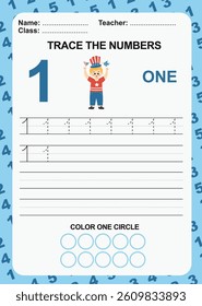 Trace and write number for children. Exercise for children to recognize the number. Kids educational game. Printable worksheet for preschool. Exercises lettering game for kids. Vector file.