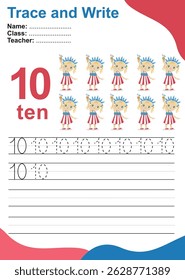 Trace and write number for children. Exercise for children to recognize the number. Educational worksheet for preschool.