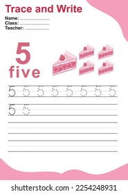 Rastrear y escribir número para niños. Hoja de trabajo de práctica de seguimiento para niños que aprenden a contar y a escribir. Hoja de trabajo educativa para preescolar. Tema de San Valentín. Archivo vector.