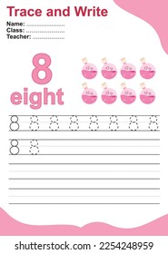 Trace-and-write-Nummer für Kinder. Übungsblatt für Kinder, die zählen und schreiben lernen. Unterrichtsblatt für Vorschulen. Valentinthema. Vektordatei.