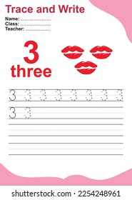 Trace and write number for children. Tracing practice worksheet for kids learning to count and to write. Educational worksheet for preschool. Valentine theme. Vector file.