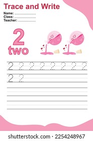 Rastrear y escribir número para niños. Hoja de trabajo de práctica de seguimiento para niños que aprenden a contar y a escribir. Hoja de trabajo educativa para preescolar. Tema de San Valentín. Archivo vector.