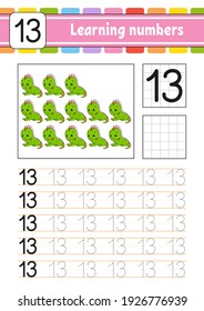 Trace and write numbers. Handwriting practice. Learning numbers for kids. Education developing worksheet. Activity page. Game for toddlers. Isolated vector illustration in cute cartoon style.