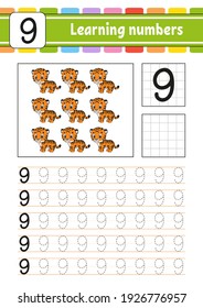 Trace and write numbers. Handwriting practice. Learning numbers for kids. Education developing worksheet. Activity page. Game for toddlers. Isolated vector illustration in cute cartoon style.