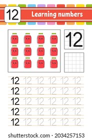 Trace and write numbers. Handwriting practice. Learning numbers for kids. Education developing worksheet. Activity page. Isolated vector illustration in cute coon style.