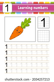 Trace and write numbers. Handwriting practice. Learning numbers for kids. Education developing worksheet. Activity page. Isolated vector illustration in cute coon style.