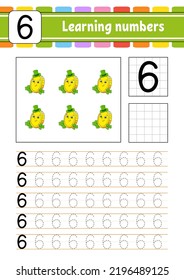 Trace and write numbers. Handwriting practice. Learning numbers for kids. Education developing worksheet. Activity page. Vector illustration.