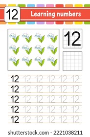 Trace and write numbers. Handwriting practice. Learning numbers for kids. Education developing worksheet. Activity page. Vector illustration.