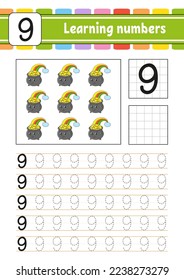 Trace and write numbers. Handwriting practice. Learning numbers for kids. Education developing worksheet. Activity page. Vector illustration.