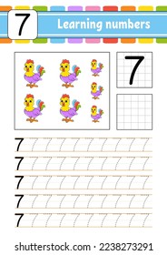Trace and write numbers. Handwriting practice. Learning numbers for kids. Education developing worksheet. Activity page. Vector illustration.