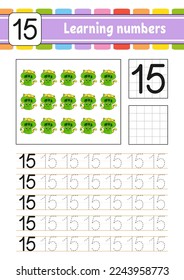 Trace and write numbers. Handwriting practice. Learning numbers for kids. Education developing worksheet. Activity page. Vector illustration.