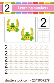 Trace and write numbers. Handwriting practice. Learning numbers for kids. Education developing worksheet. Activity page. Vector illustration.