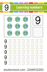 Trace and write numbers. Handwriting practice. Learning numbers for kids. Education developing worksheet. Activity page. Vector illustration.