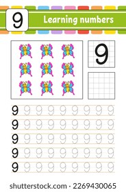 Trace and write numbers. Handwriting practice. Learning numbers for kids. Education developing worksheet. Activity page. Vector illustration.