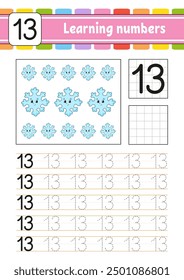 Trace and write numbers. Handwriting practice. Learning numbers for kids. Education developing worksheet. Activity page. Vector illustration.