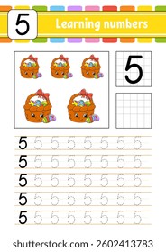 Trace and write numbers. Handwriting practice. Learning numbers for kids. Education developing worksheet. Activity page. Vector illustration.